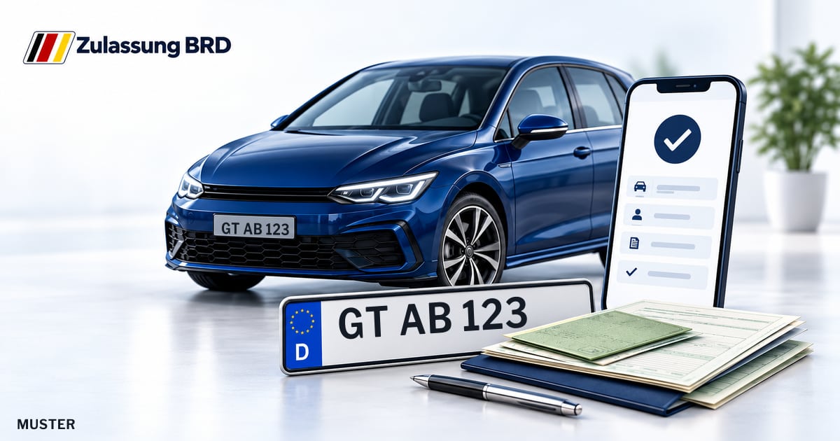 Online Fahrzeugzulassung in Herzebrock-Clarholz: Musterkennzeichen GT AB 123, Auto und Fahrzeugpapiere und Smartphone. Illustration mit Logo von Zulassung BRD.
